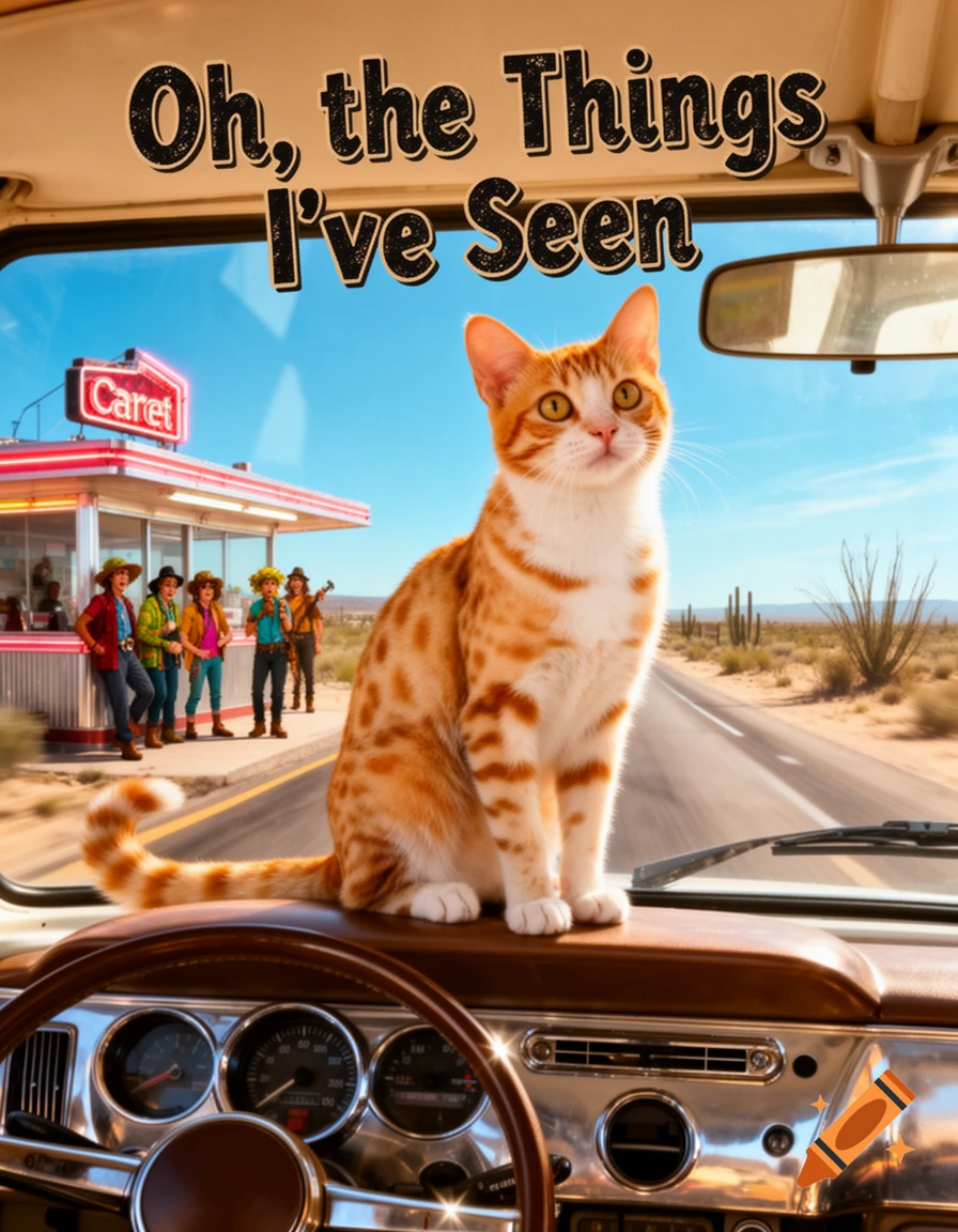 Orange and white cat on a car dashboard with text 'Oh, the Things I've Seen', overlooking a desert road and diner.
