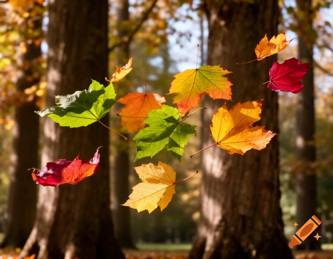 Colorful autumn leaves in shades of red, orange, yellow, and green fall through the air in a sunlit forest.