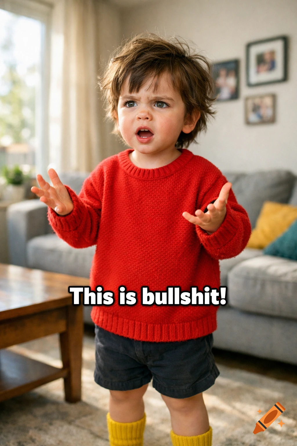 A toddler in a red sweater and yellow socks throws hands up in frustration, with the text 'This is bullshit!' superimposed.
