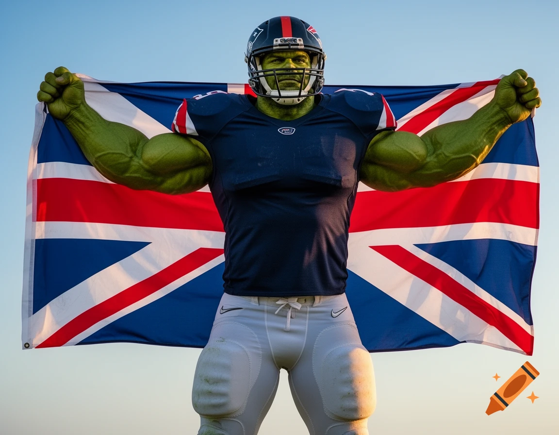 Hulk-like figure in American football gear, wearing a helmet and pads, holding a British flag against a blue sky.