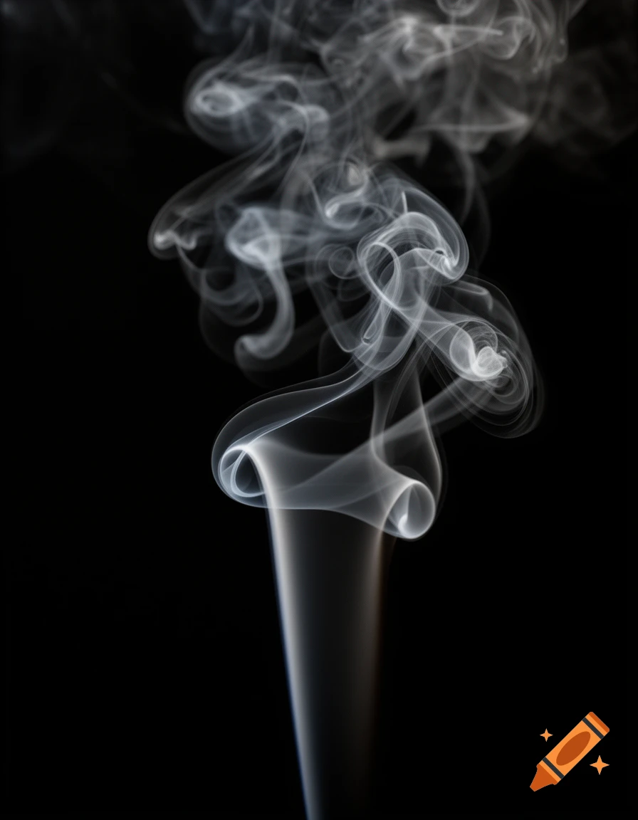 Wispy white smoke curling and rising against a dark black background.