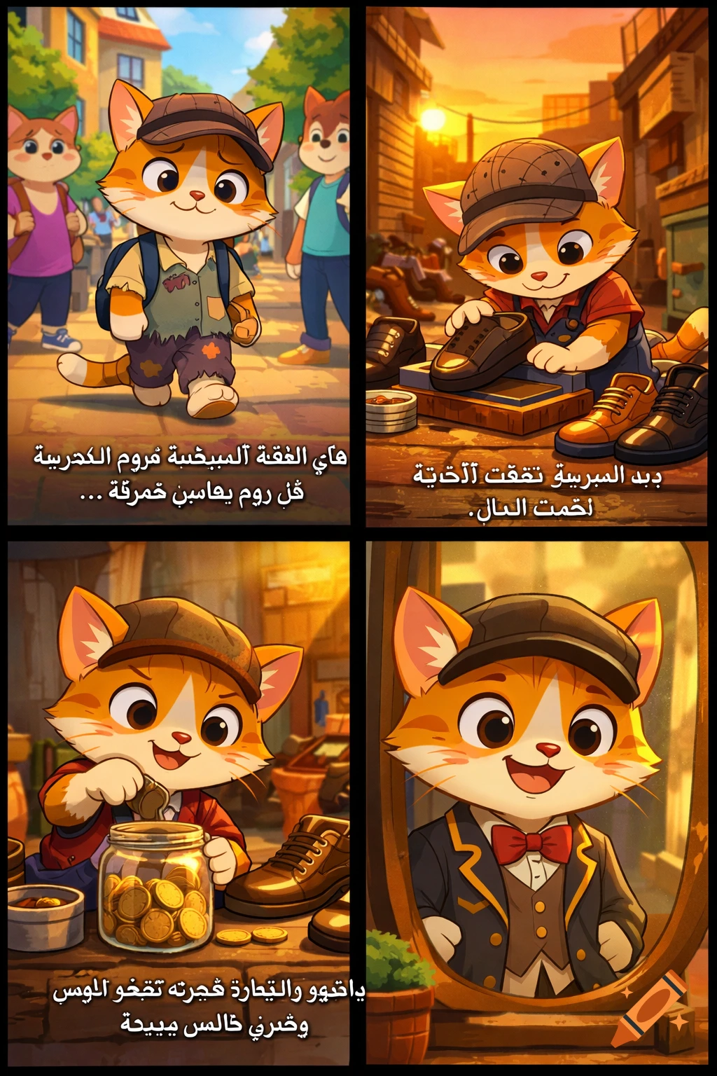 A four-panel cartoon of an orange cat's journey: going to school in torn clothes, shining shoes, saving coins, and finally looking happy in new clothes.