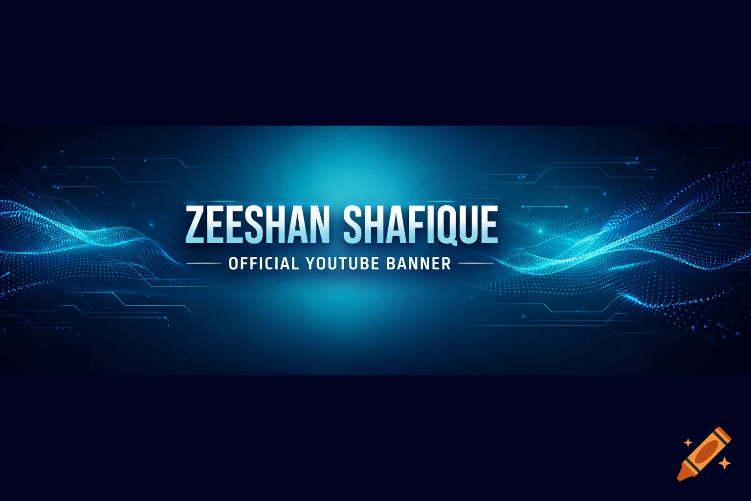 A blue and black digital art banner with a shimmering wave of dots and circuitry, featuring "ZEESHAN SHAFIQUE" and "OFFICIAL YOUTUBE BANNER" in white text.