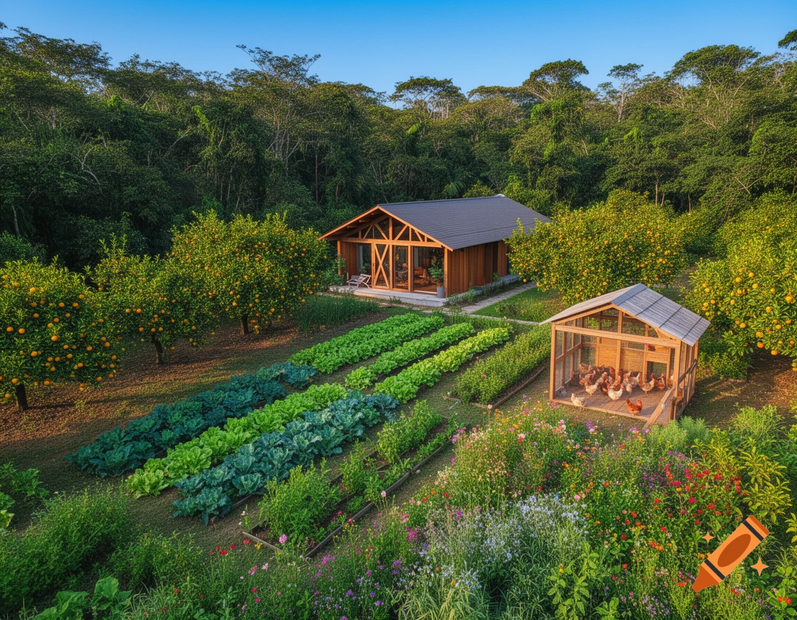 Aerial view of a micro-farm: wooden house, vegetable rows, orange trees, chicken coop, and flower garden, bordered by a dense forest.