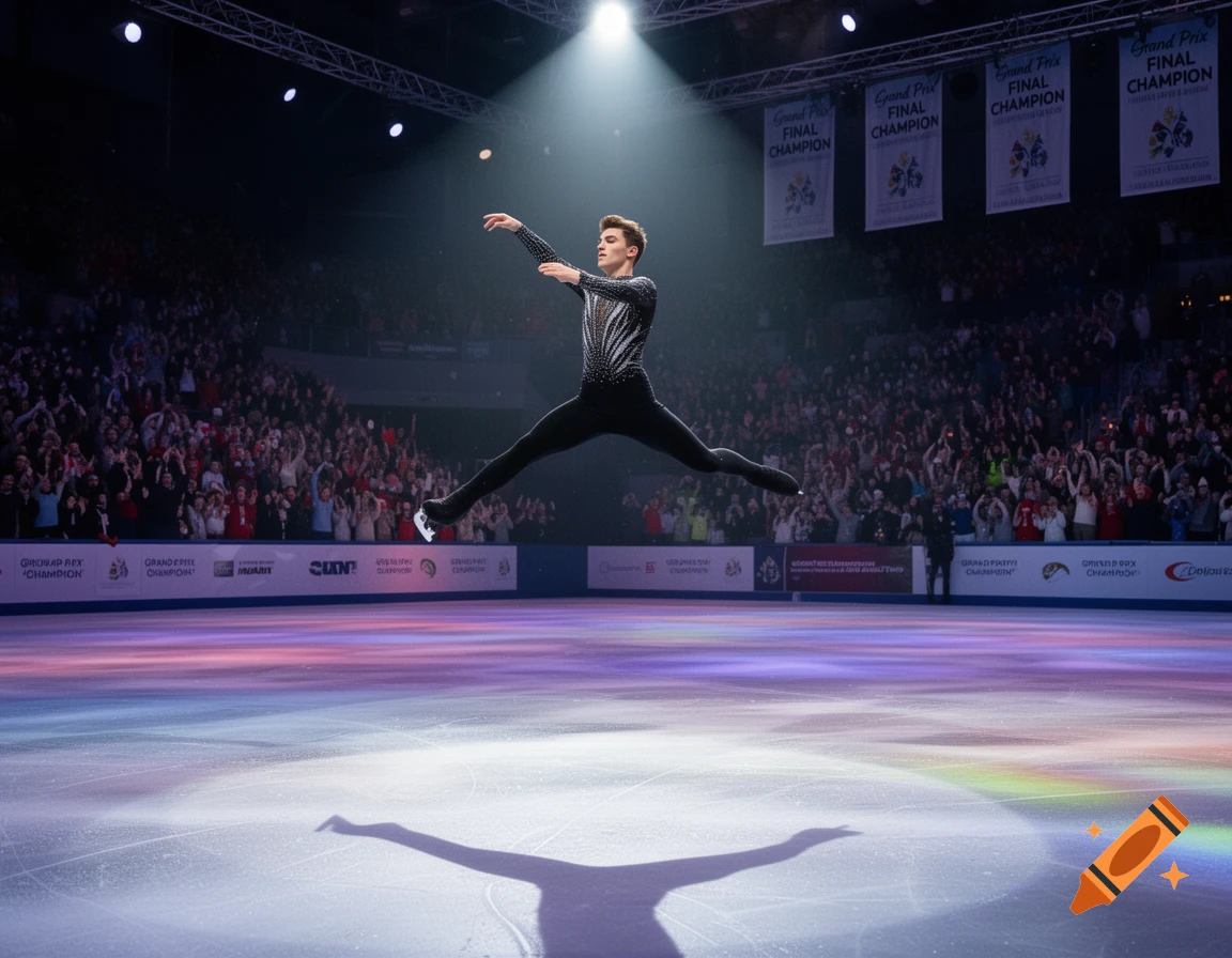 A male figure skater in a black costume leaps gracefully over an ice rink in a brightly lit arena filled with spectators.