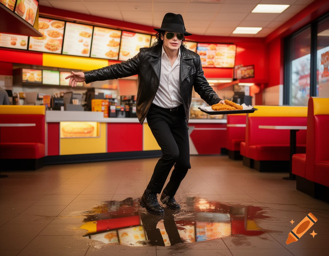 A man resembling Michael Jackson in a black hat, sunglasses, and leather jacket, moonwalking or slipping on a wet puddle in a red and yellow fast-food restaurant while holding a tray of chicken tenders.
