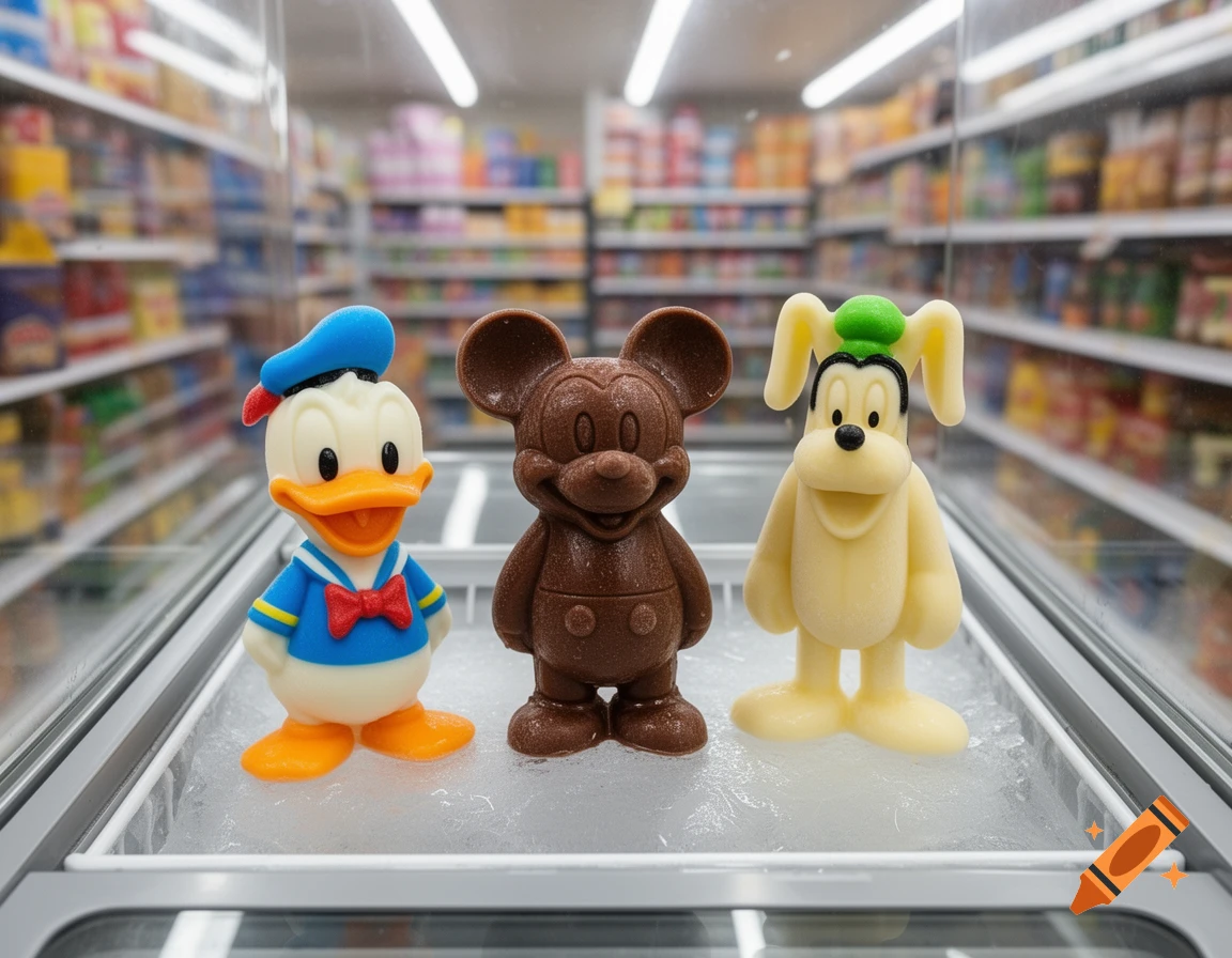 Photorealistic image of Donald Duck, Mickey, and Goofy pudding pops on a grocery store freezer shelf.