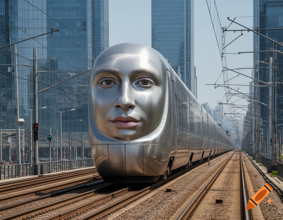 Photorealistic image of a sleek, silver train with a realistic human face on its front, traveling on tracks through a modern city with glass skyscrapers.
