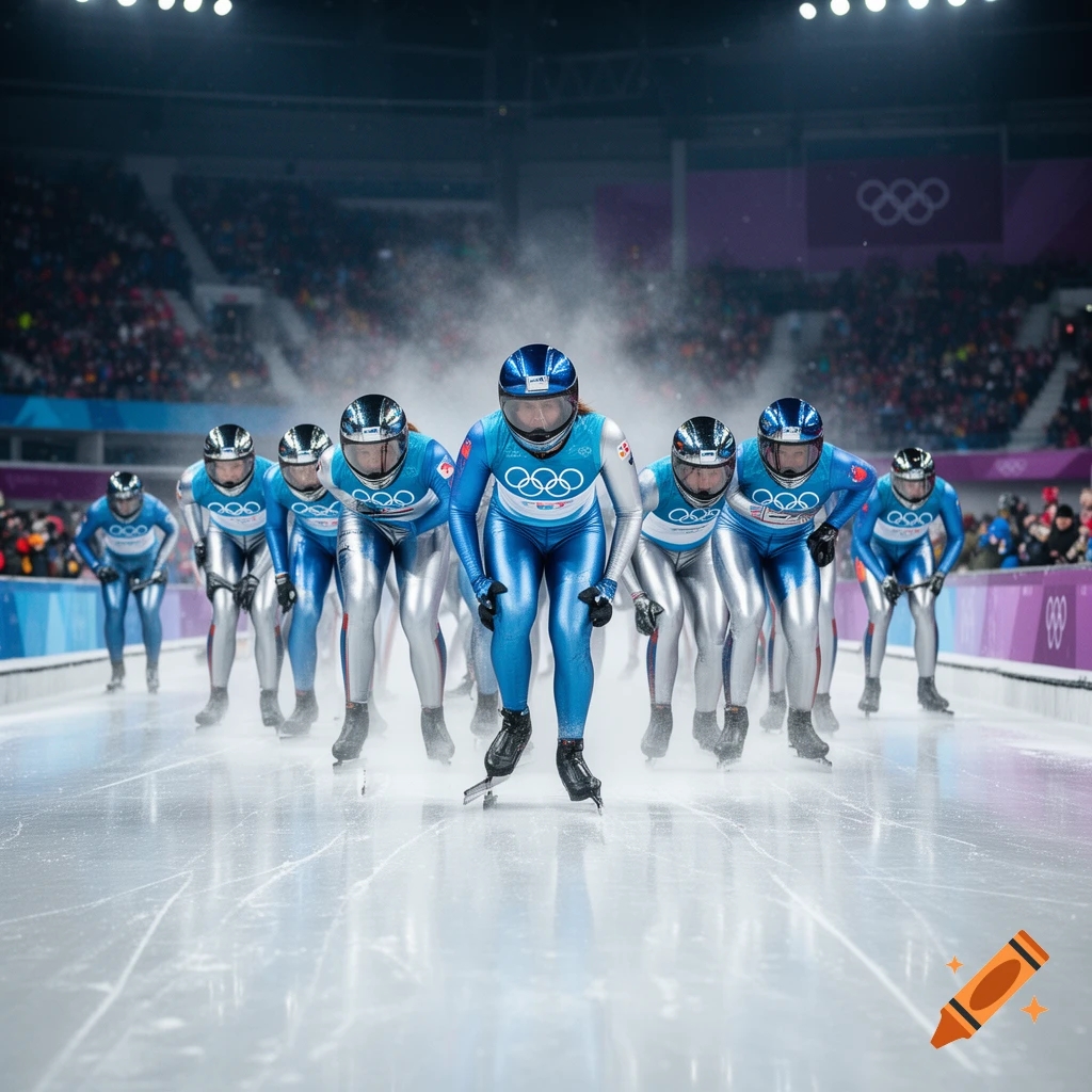 Female speed skaters in blue and silver suits, helmets, and goggles crouch at the starting line on an ice rink, with a snowy backdrop and an Olympic ring logo visible in the stadium.