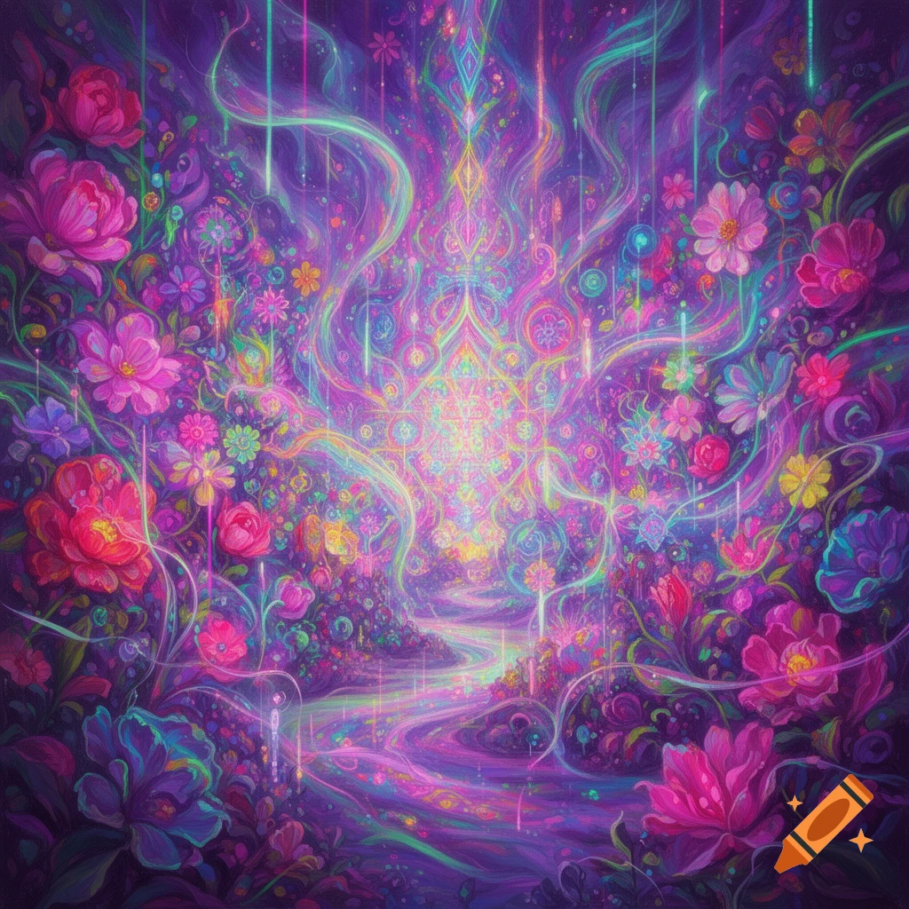 Vibrant psychedelic floral landscape with glowing pink and purple patterns.