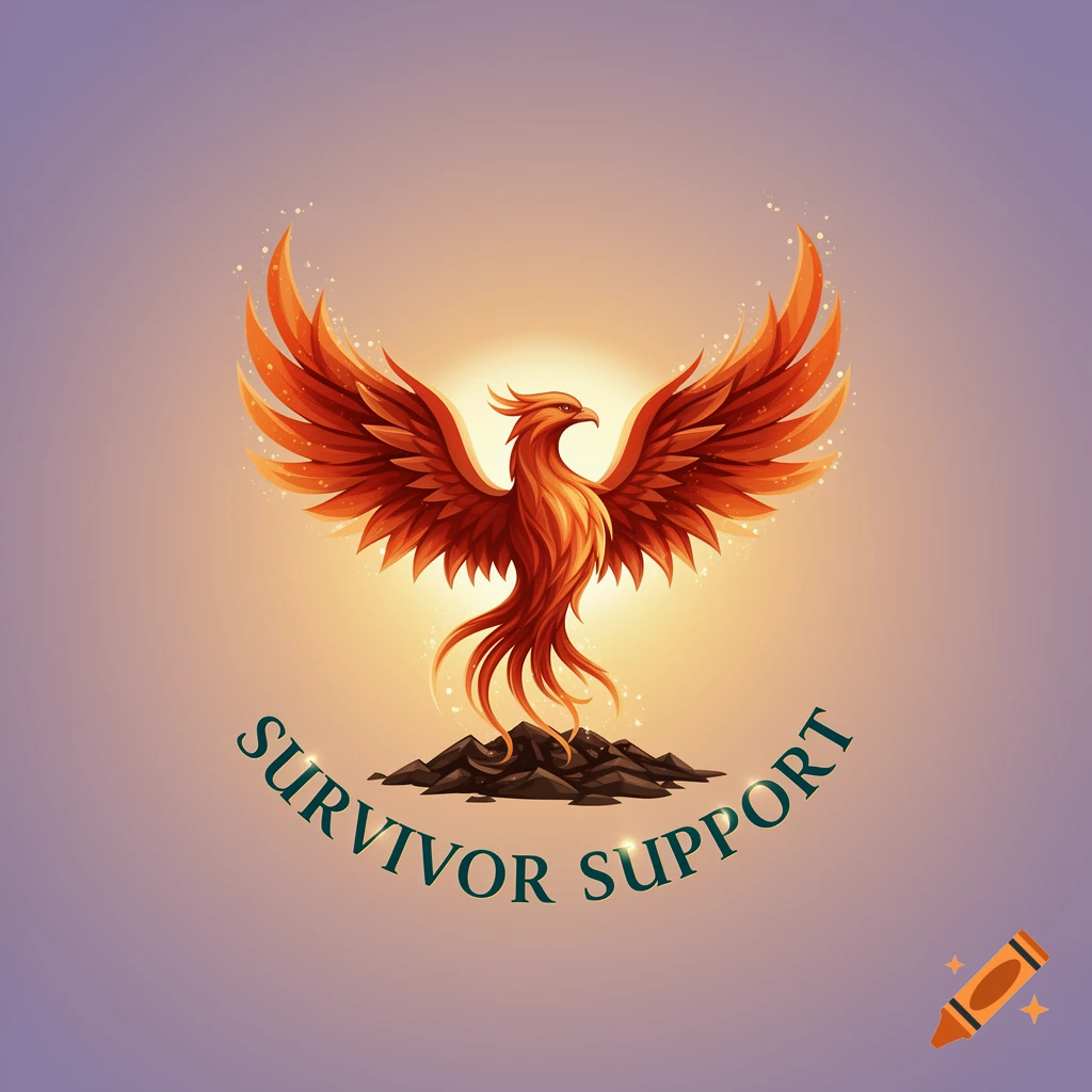 Vibrant orange and red phoenix logo rising from dark rocks, backlit by a bright glow, with "SURVIVOR SUPPORT" text below.
