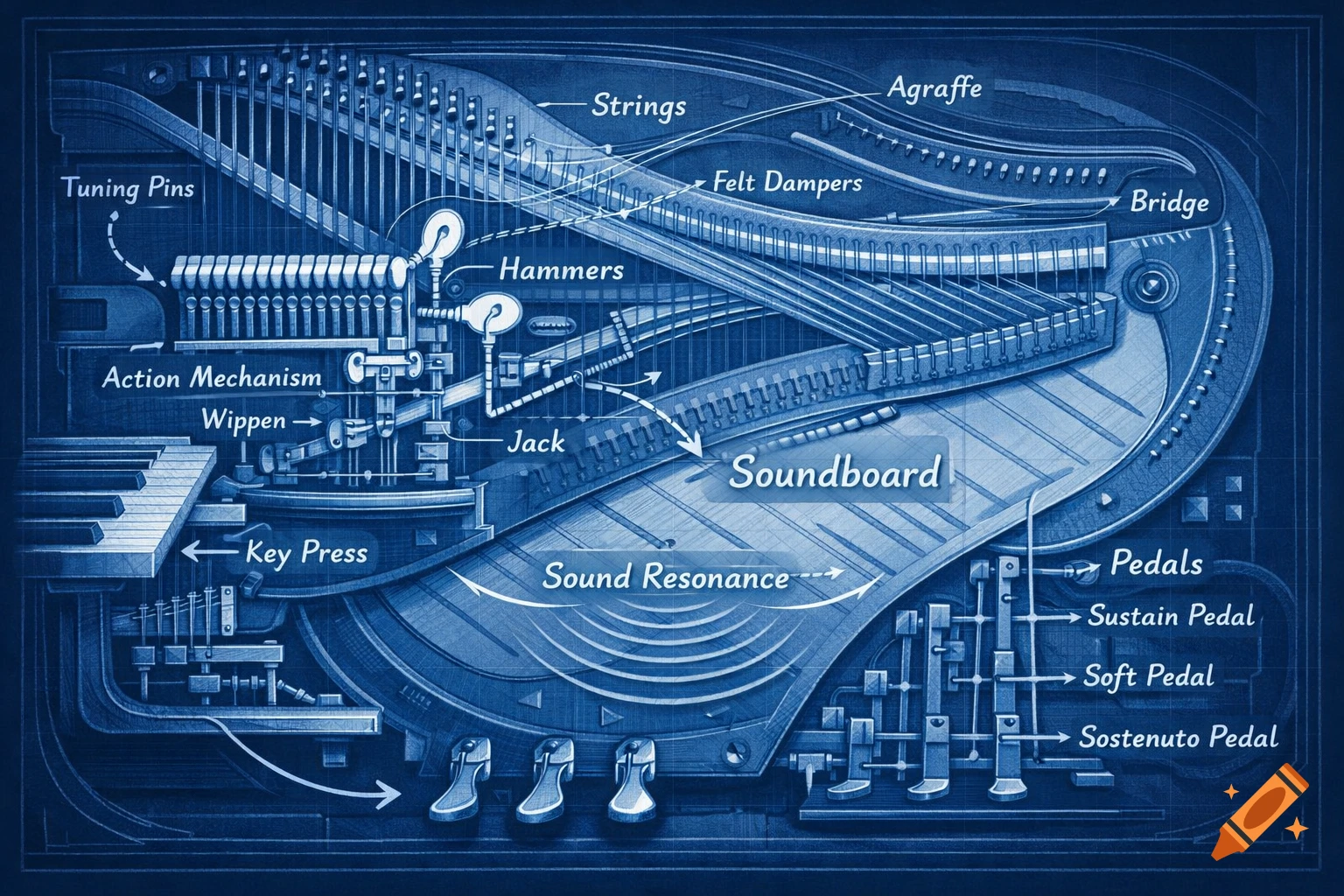 A detailed blueprint-style diagram showcasing the internal parts of a piano, with labels for components like strings, hammers, soundboard, and pedals.