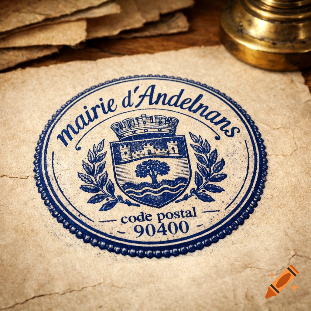 Close-up of a blue official stamp on aged paper for Mairie d'Andelnans, code postal 90400, next to old documents.