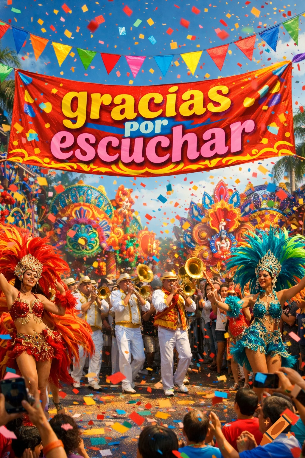 A vibrant carnival parade with costumed dancers, musicians, and confetti under a banner reading 'gracias por escuchar'.