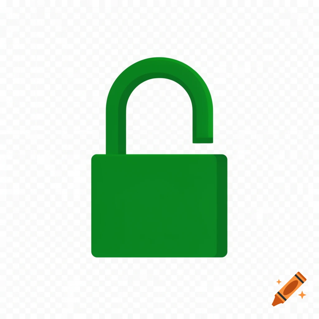 A green, open padlock icon on a transparent background.