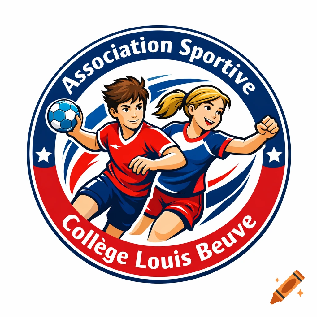 Cartoon logo for a sports association featuring a boy with a handball and a girl in red and blue uniforms, within a circular red, white, and blue design. Text reads "Association Sportive Coll\u00e8ge Louis Beuve".