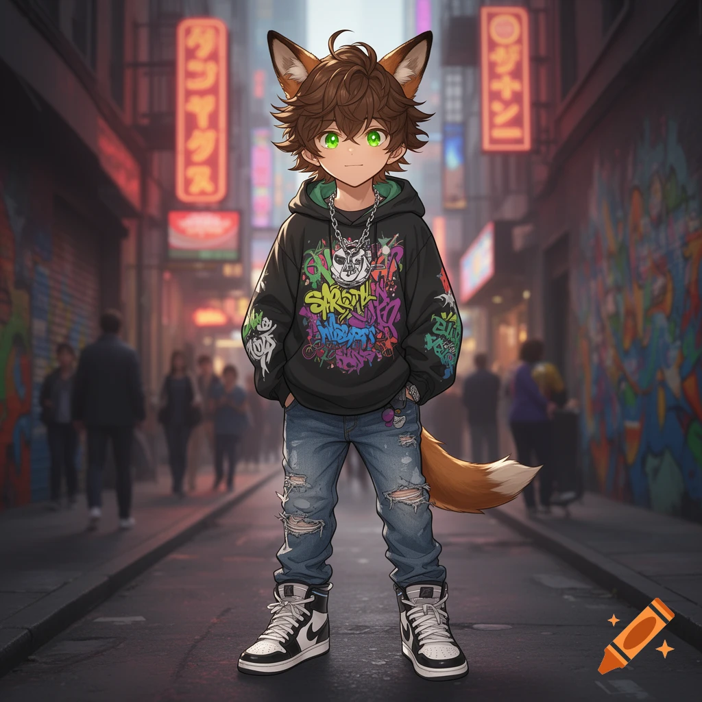 An anime fox boy with green eyes, brown hair, fox ears and tail, wearing a graffiti hoodie, ripped jeans, and sneakers, stands in a blurry city street.
