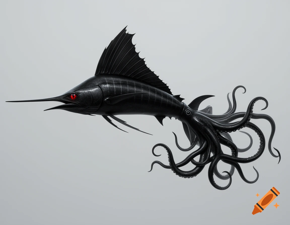 A sleek, black hybrid creature with a marlin's body, a dorsal fin, red eyes, and octopus tentacles instead of a tail, on a light gray background.
