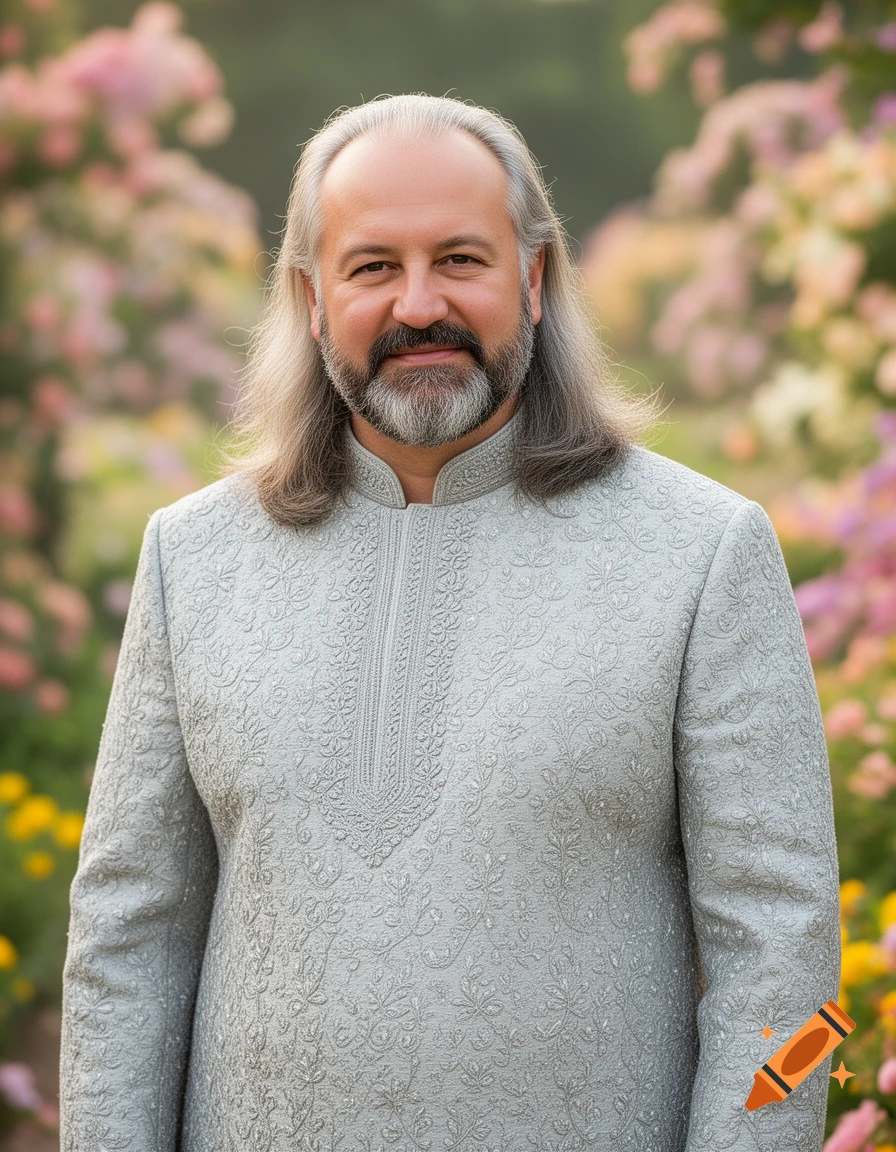 Smiling man with long gray hair and beard in an embroidered light gray Indian tunic, standing in a floral garden.