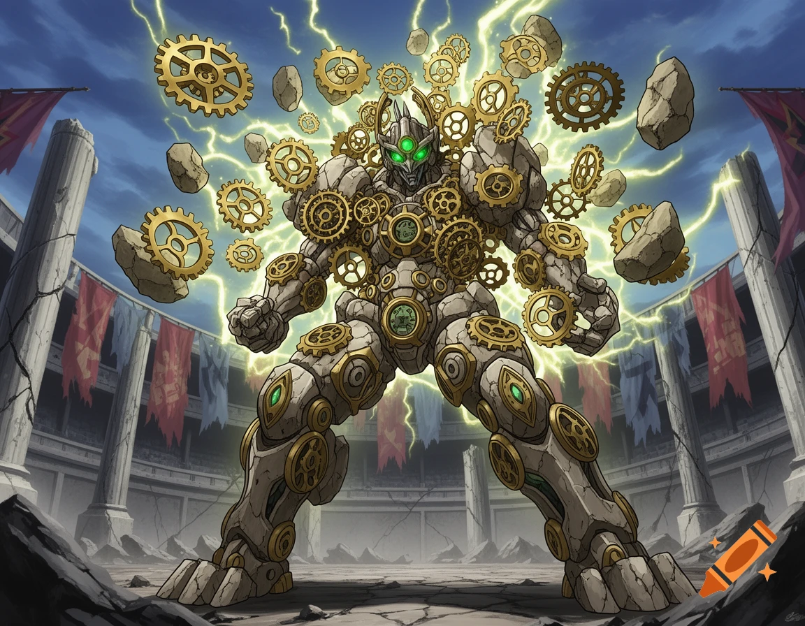 A powerful, stone-like clockwork creature with glowing green eyes and gold gears floating around it, amidst lightning in a ruined coliseum, Yu-Gi-Oh style.