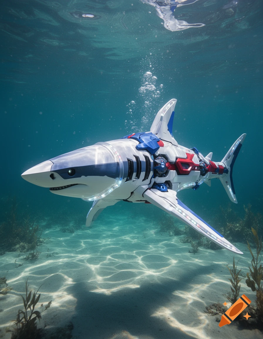 A futuristic robotic shark, inspired by Gundam, swims through clear blue ocean water above a sandy seafloor with scattered sea plants.