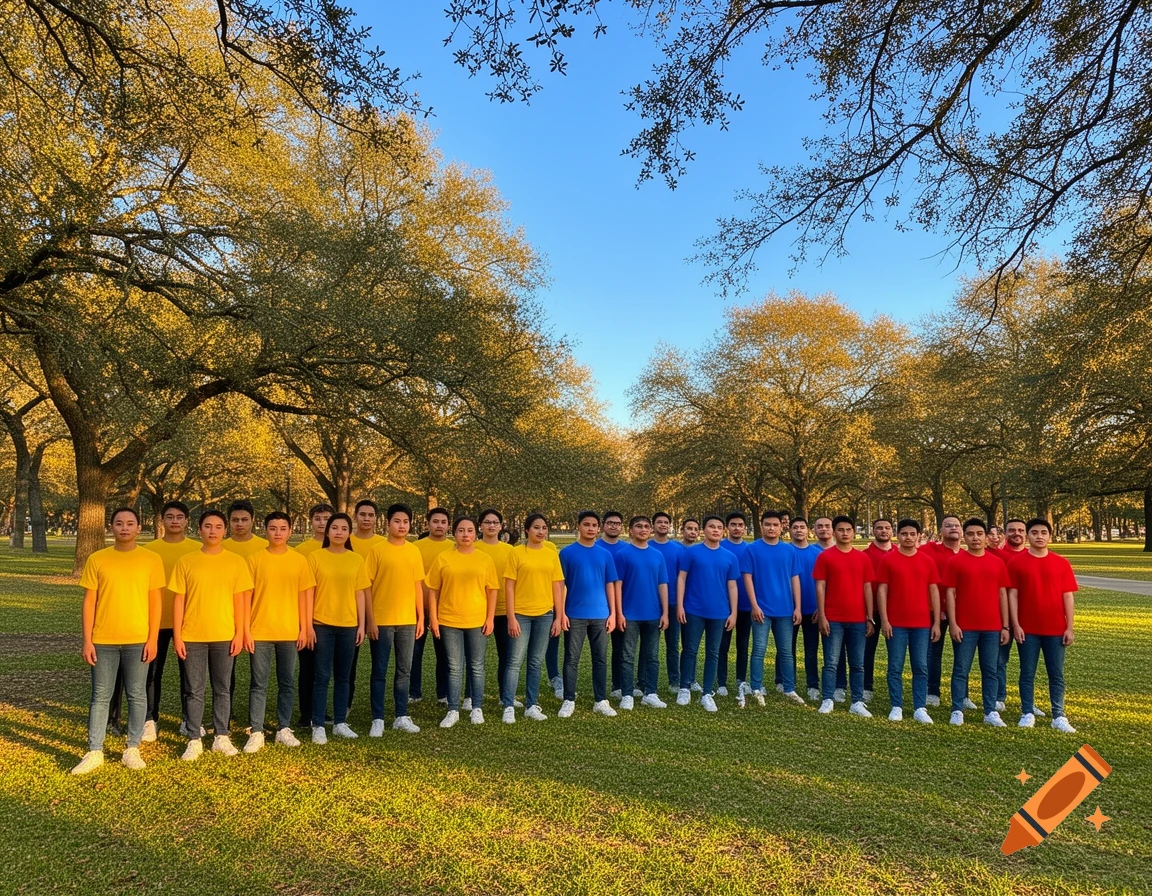 A large group of people stand in a line on a sunny grassy field, with some wearing yellow shirts, some blue, and some red. Trees are in the background.