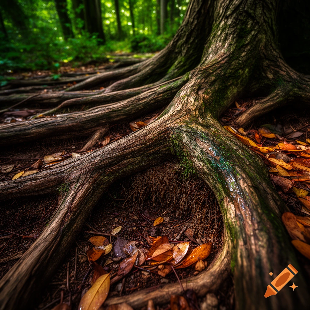 Close-up of gnarled tree roots winding through a forest floor covered in autumn leaves and moss.