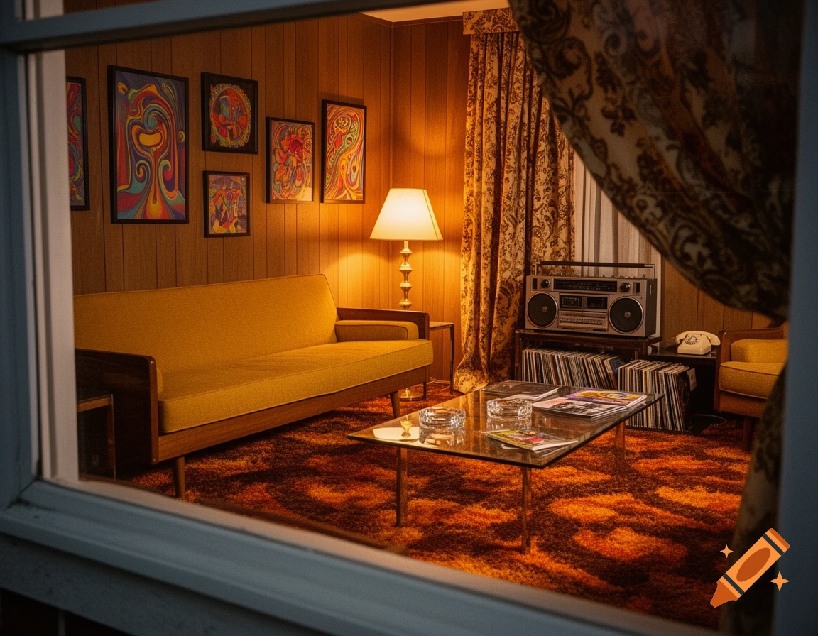 A 70s-style living room with a mustard yellow sofa, orange shag rug ...