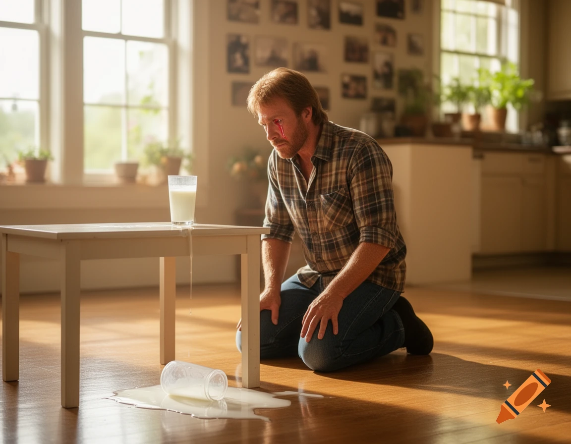 Photorealistic image of a distressed man with a bleeding eye, kneeling next to spilled milk on a wooden floor in a sunny kitchen.