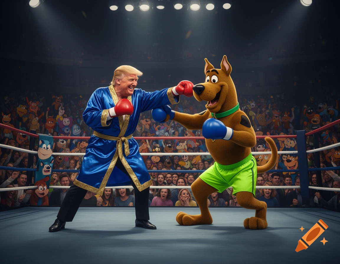 Donald Trump in a blue robe and red boxing gloves punching Scooby-Doo in green shorts and blue gloves in a boxing ring.