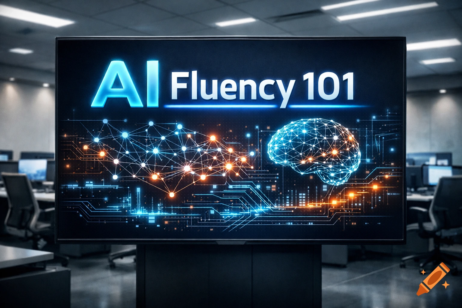 A large screen in a modern office displays 'AI Fluency 101' with a glowing network and stylized brain graphic.