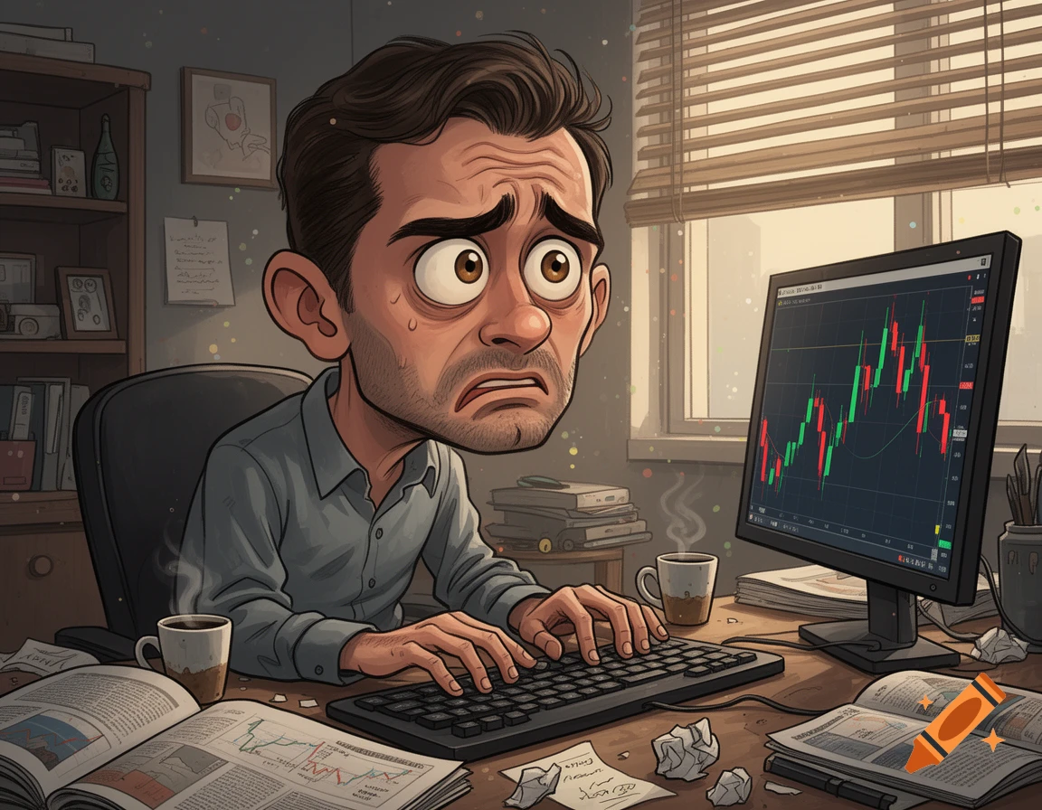 A cartoonish, stressed retail trader with wide eyes sits at a messy desk, typing on a keyboard while looking at a stock chart on a computer screen.