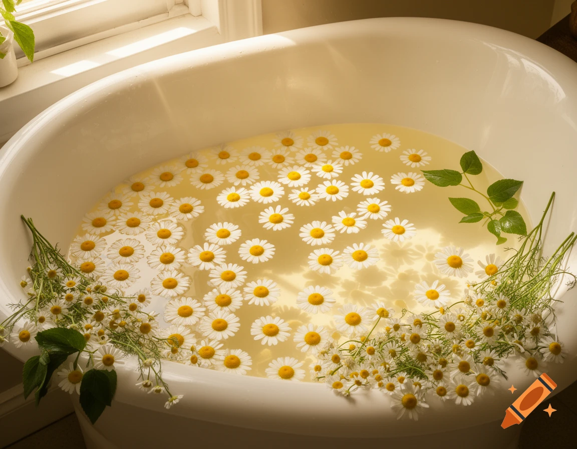 A white bathtub is filled with water, featuring many white and yellow chamomile flowers floating on the surface.