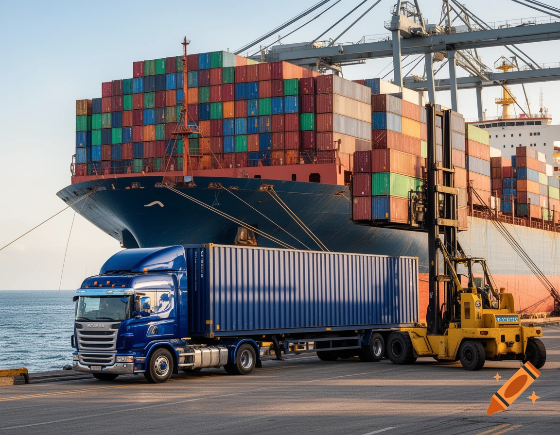 A blue semi-truck with a container trailer next to a massive cargo ship full of containers, with a yellow forklift in a port.