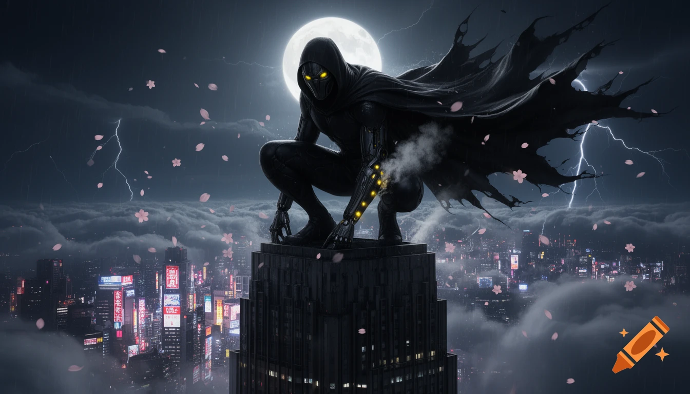 A hooded, cloaked figure with glowing yellow eyes and cybernetic arms ...