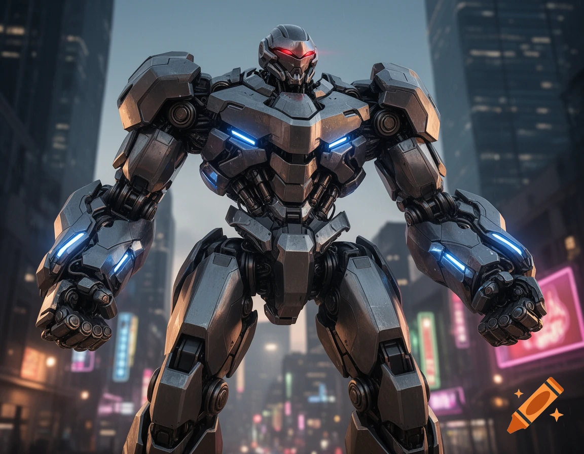 A detailed, imposing gray mecha with glowing blue accents stands in a futuristic city street at dusk.