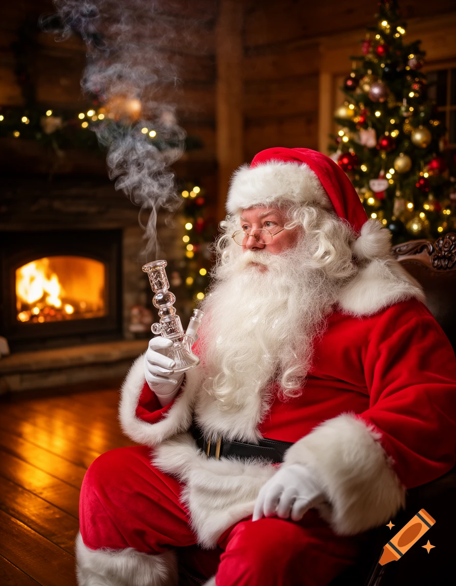 Photorealistic Santa Claus in a cozy Christmas room, sitting by a fireplace and tree, smoking a glass bong.