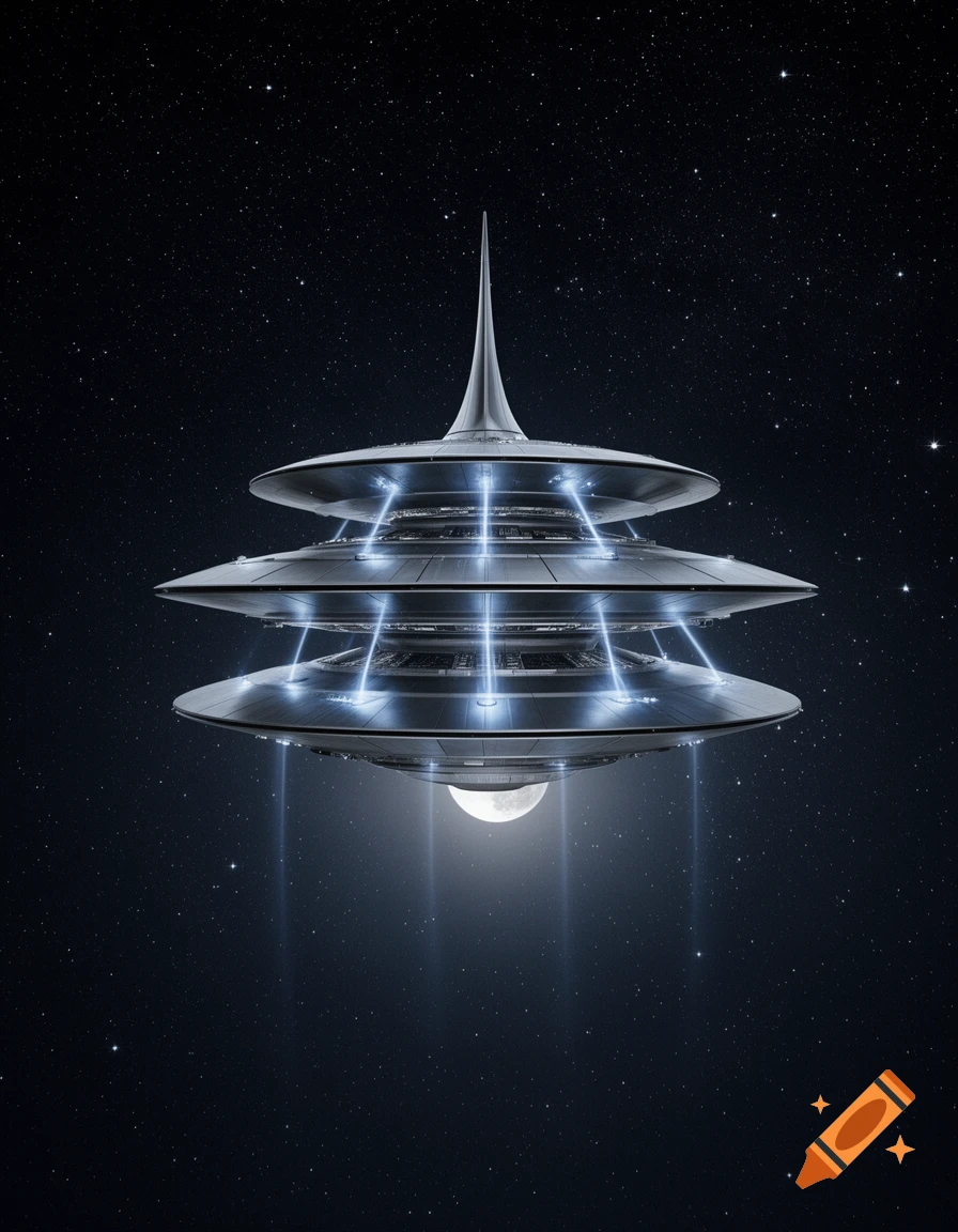 A futuristic, multi-tiered UFO with glowing blue lights hovers in a starry deep space.