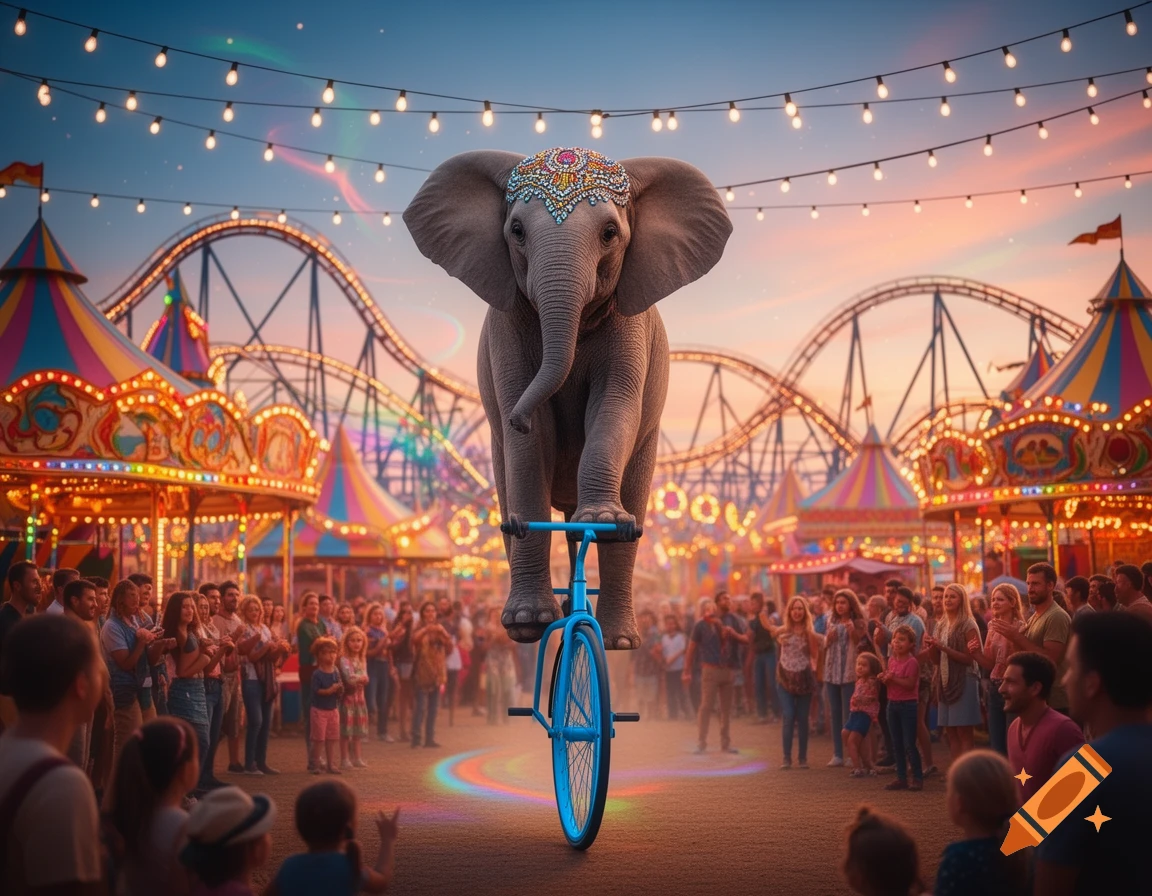 A majestic gray elephant in a jeweled headpiece rides a blue unicycle at a vibrant carnival, with onlookers, string lights, and rides.