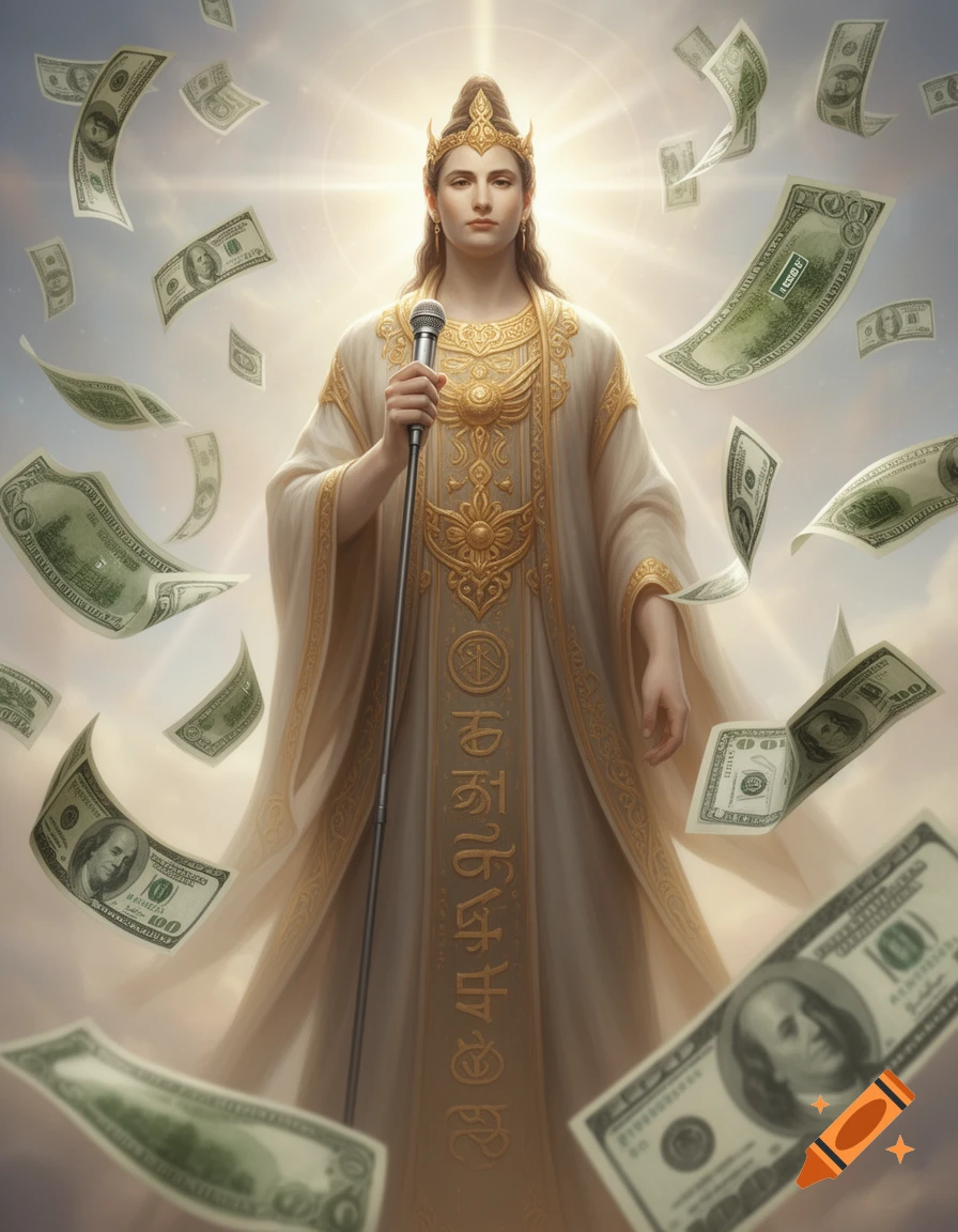 A majestic figure in ornate golden robes and a crown stands holding a microphone, with a radiant glow behind them and dollar bills falling from the sky. Stylized, spiritual art.