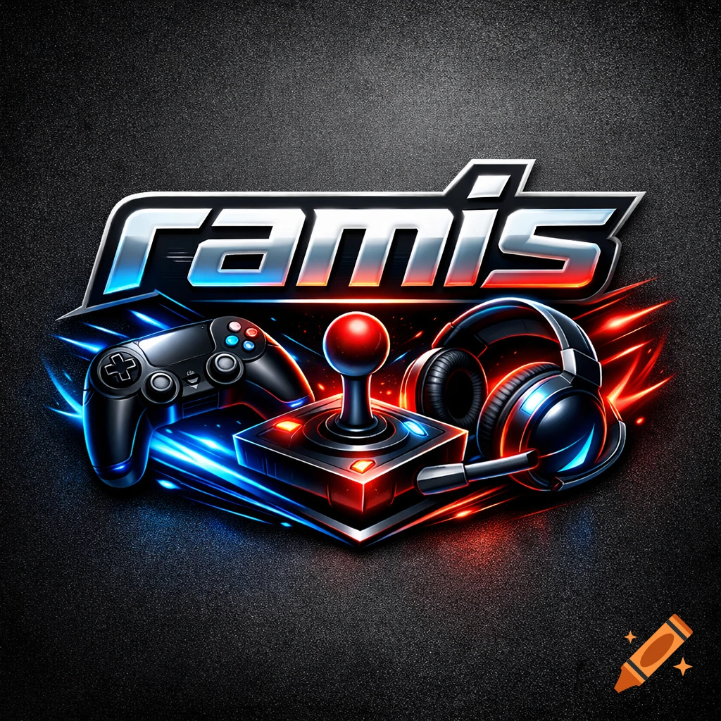 A logo featuring the word 'ramis' above a game controller, joystick, and gaming headphones, all glowing with blue and red light on a dark background.