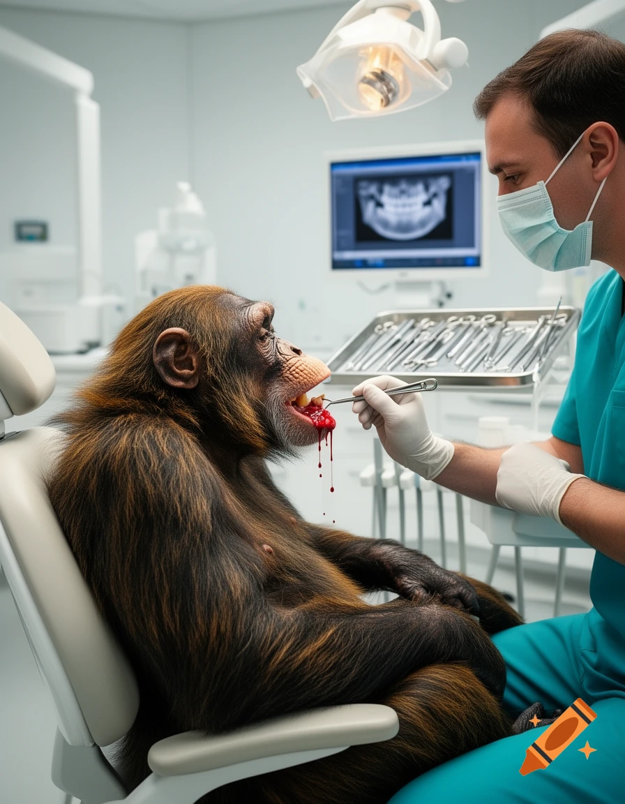 A chimpanzee sits in a dentist chair with blood dripping from its mouth while a masked dentist uses a tool to extract teeth.