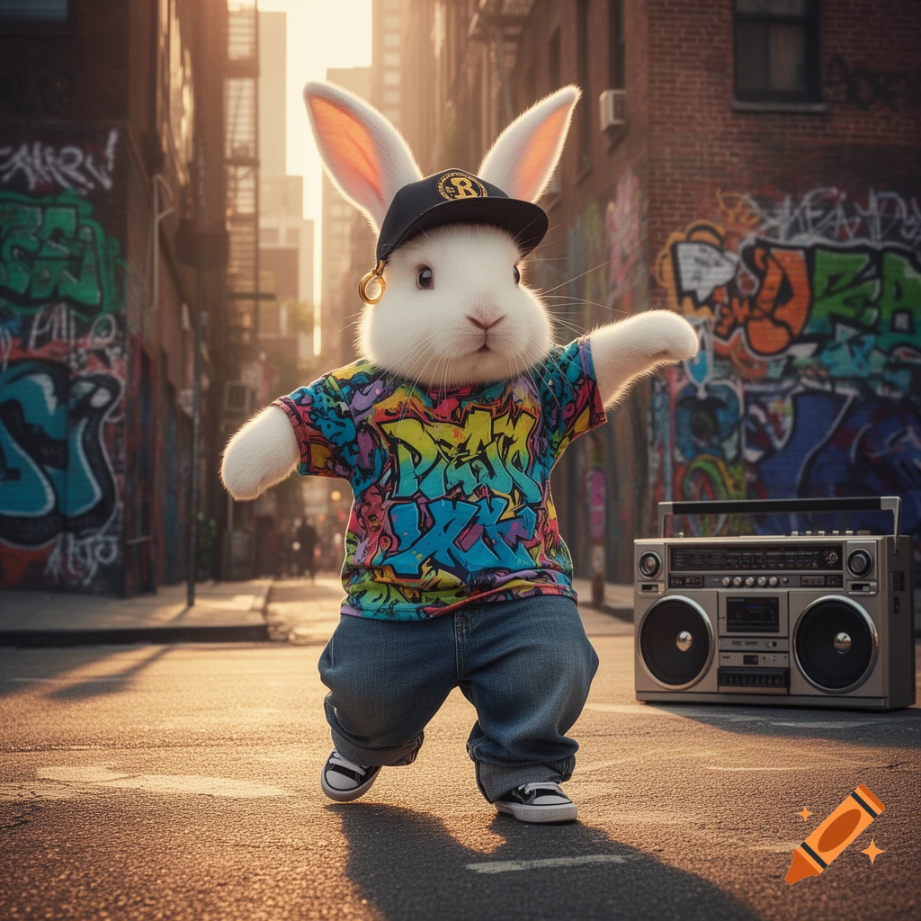 A photorealistic white bunny in a black baseball cap, colorful graffiti t-shirt, and baggy jeans, posing in a city alley with a boombox and graffiti walls.