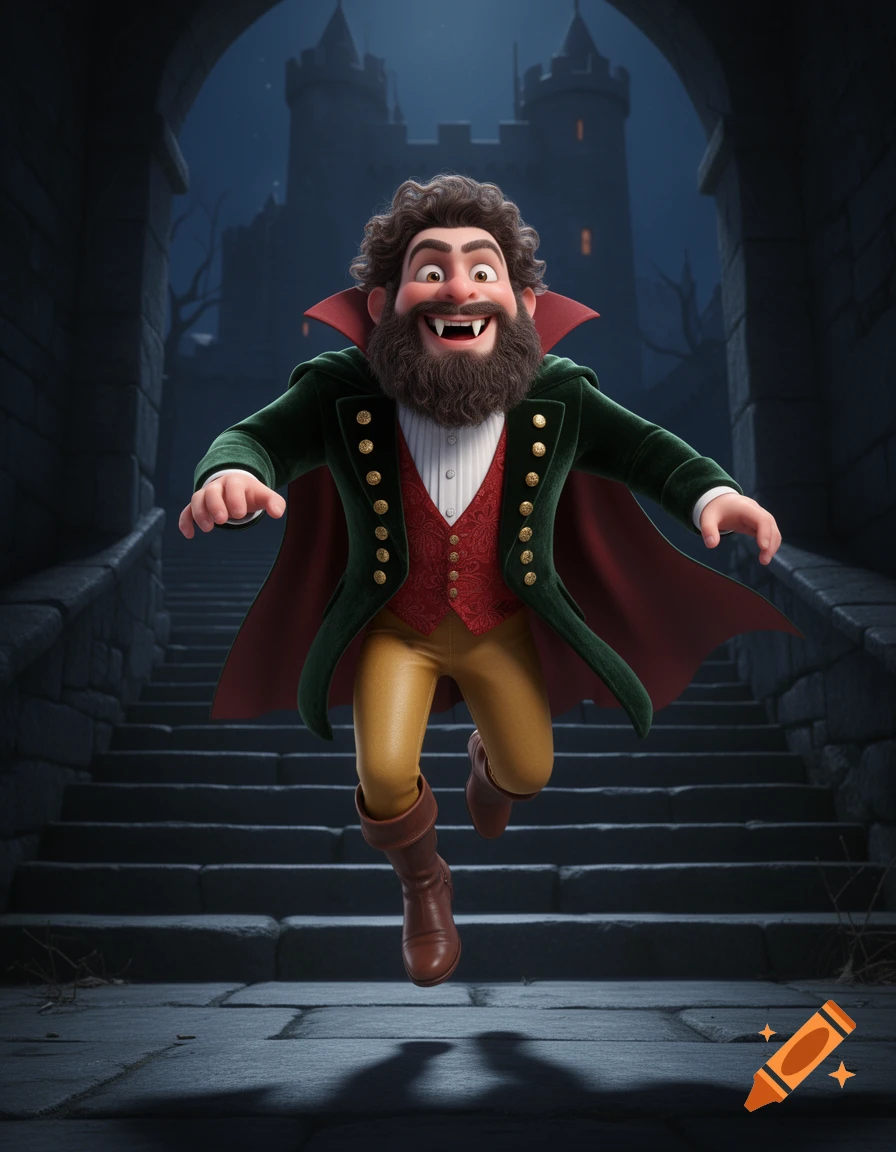 A friendly, bearded cartoon vampire with fangs, wearing a green coat and red vest, jumps down castle stairs at night.