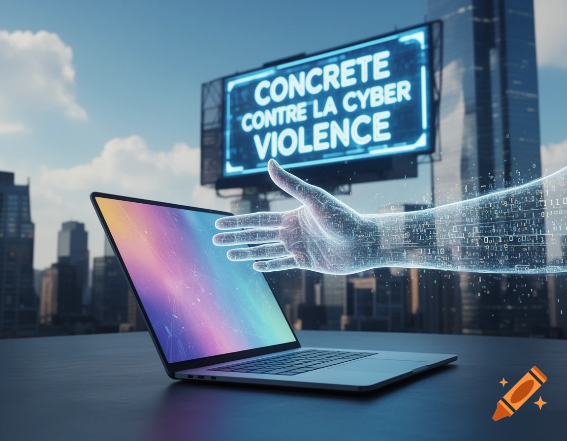 Laptop on a table with a glowing digital hand reaching from the screen, urban skyline with a billboard displaying 'CONTRE LA CYBER VIOLENCE'.