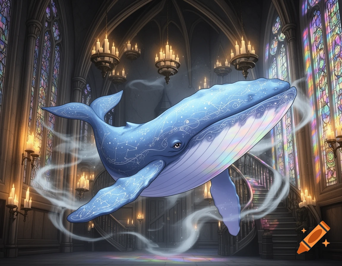 Anime whale with constellation patterns floats in a grand gothic hall with colorful stained glass and chandeliers.