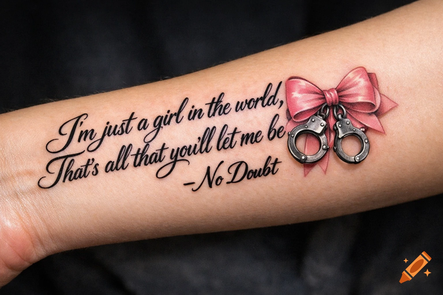 Close-up of a tattoo on an arm with text 'I'm just a girl in the world, That's all that you'll let me be -No Doubt' and a pink bow holding handcuffs.