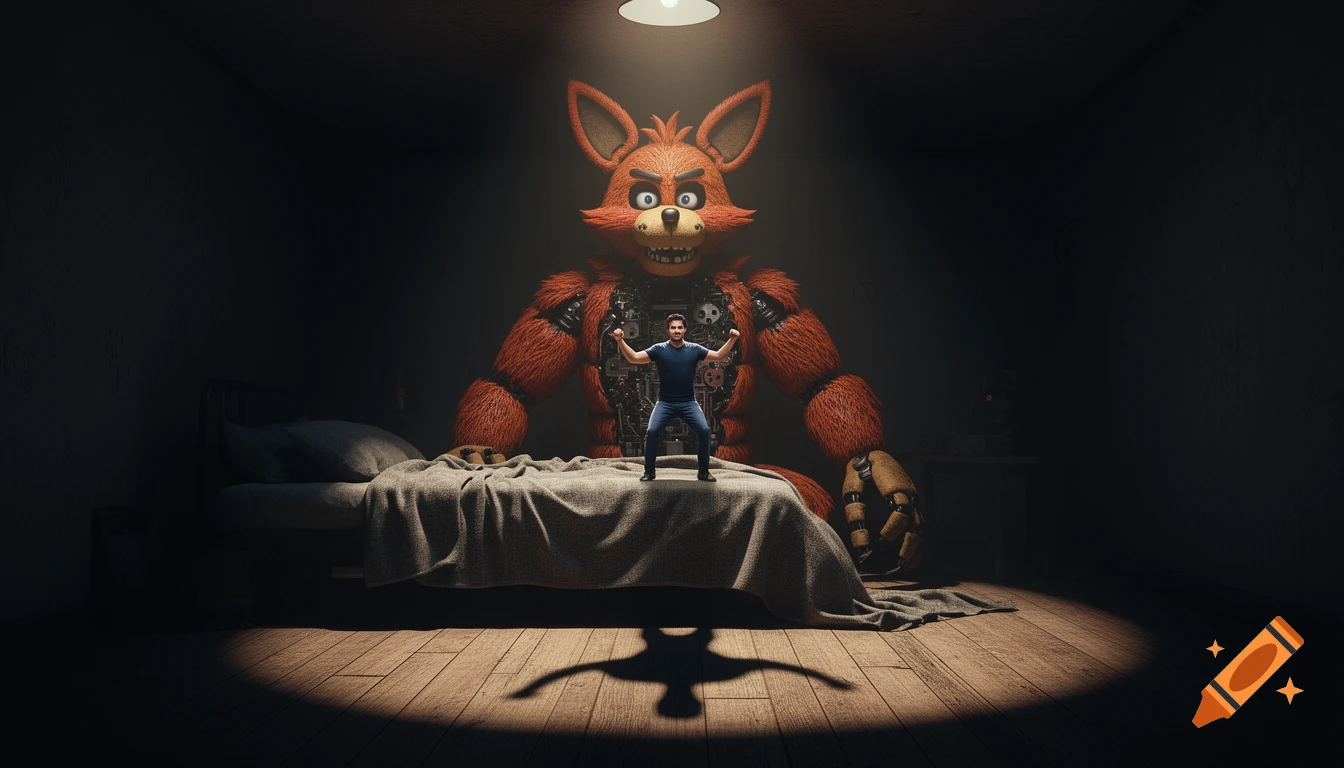 A man in a heroic pose stands on the chest of a giant Foxy animatronic in a dimly lit bedroom with cinematic lighting.