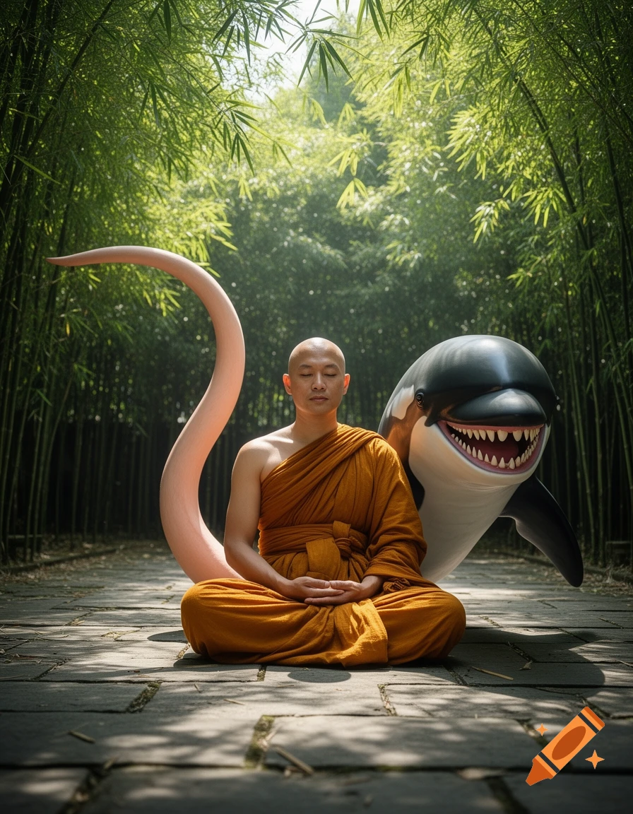 A photorealistic image of a meditating Buddhist monk in a bamboo forest, with a large skin-colored tail ending in a killer whale's mouth.