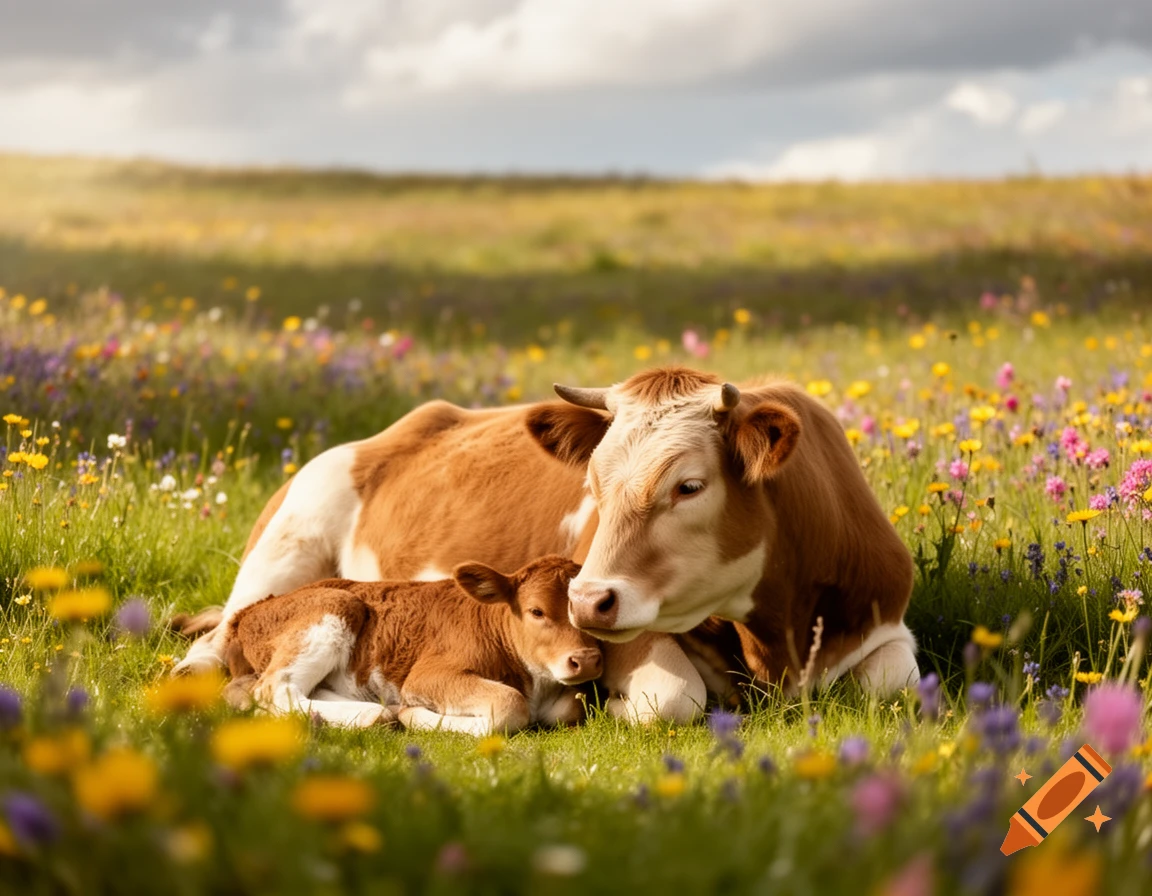 A brown and white cow and its calf lie peacefully in a vibrant, sunlit meadow filled with colorful wildflowers.
